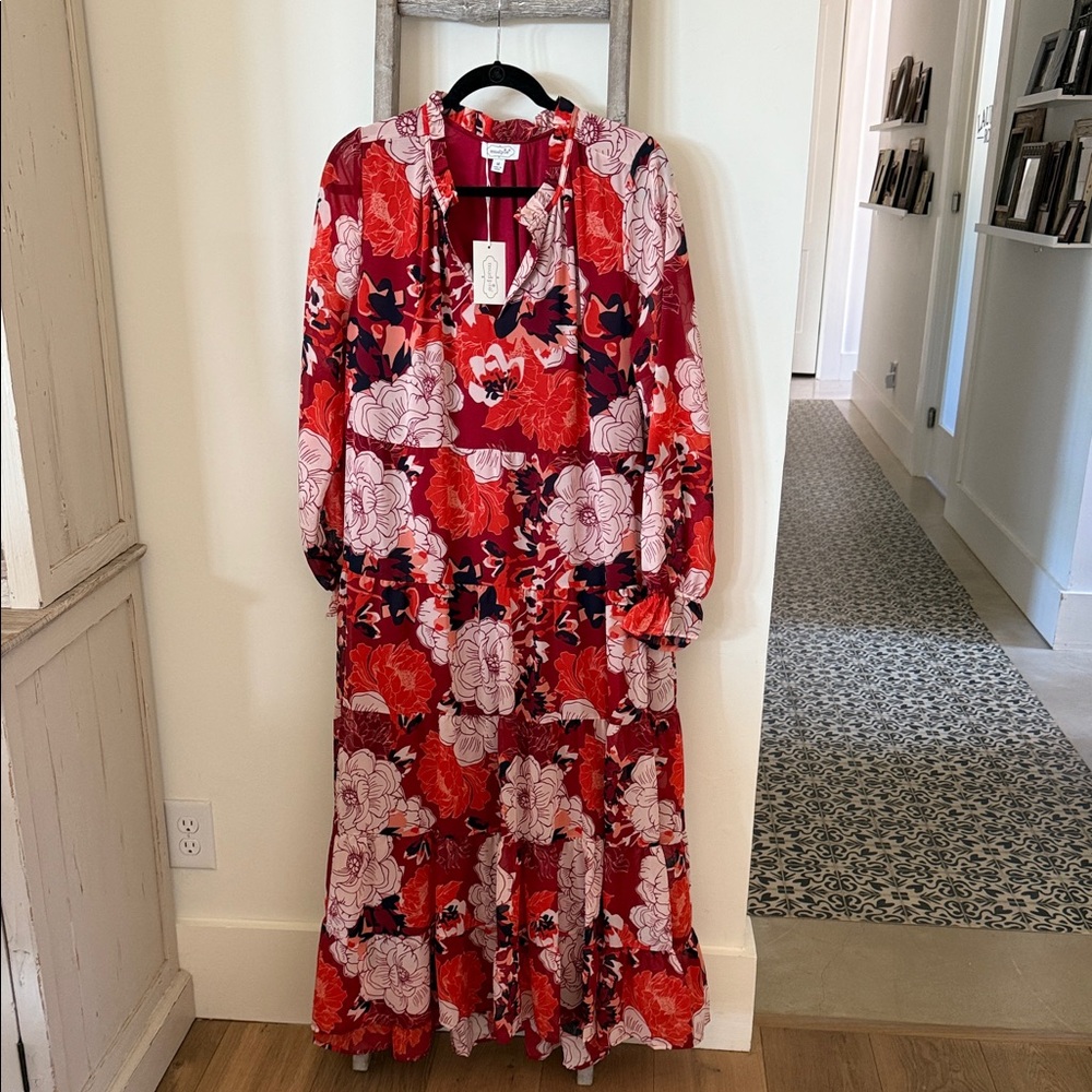 Mud Pie Red and Pink Floral Long Sleeve Dress